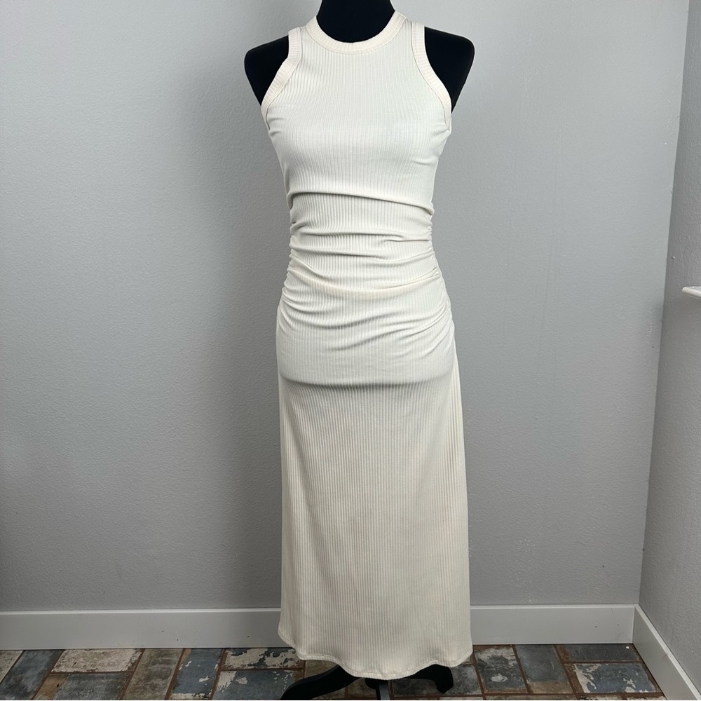 A New Day Midi Dress Womens Size Small Beige Sleeveless Ribbed Bodycon Stretch